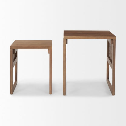 Set Of 2 Medium Brown Solid Wood Cane Nesting Accent Tables