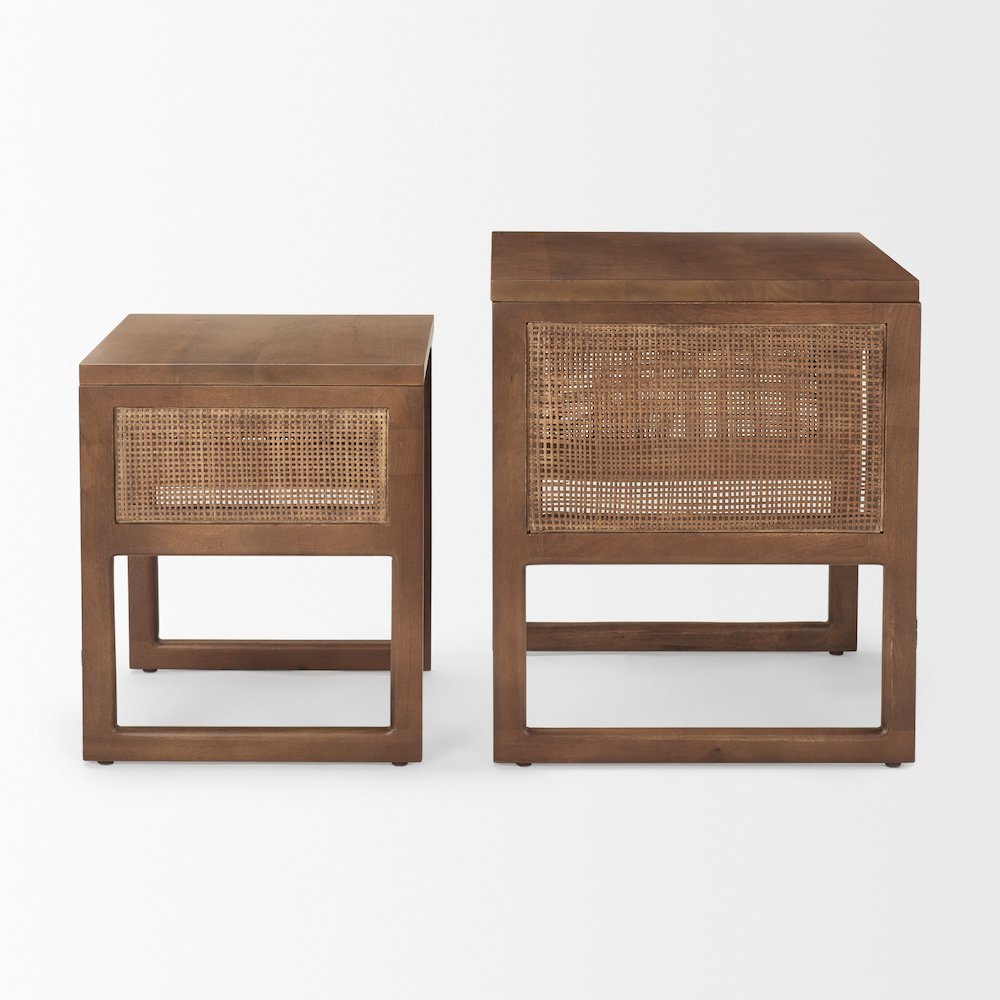 Set Of 2 Medium Brown Solid Wood Cane Nesting Accent Tables