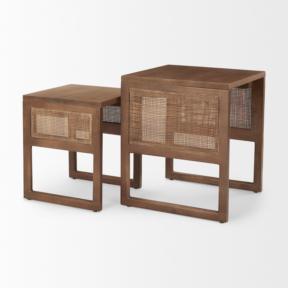 Set Of 2 Medium Brown Solid Wood Cane Nesting Accent Tables