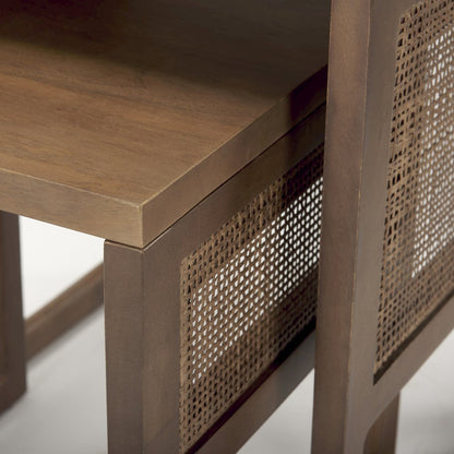 Set Of 2 Medium Brown Solid Wood Cane Nesting Accent Tables