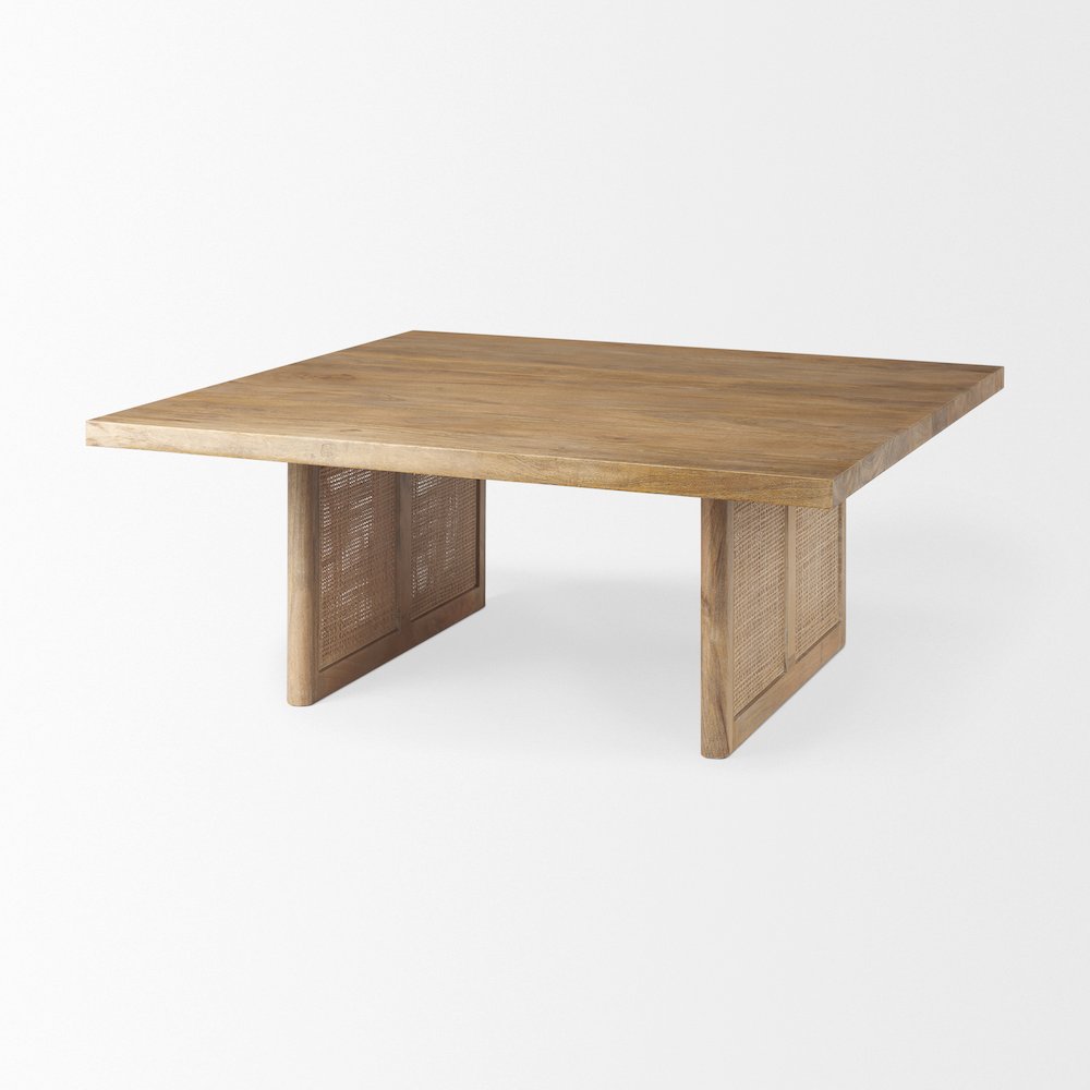 42" Square Light Brown Wood Cane Coffee Table