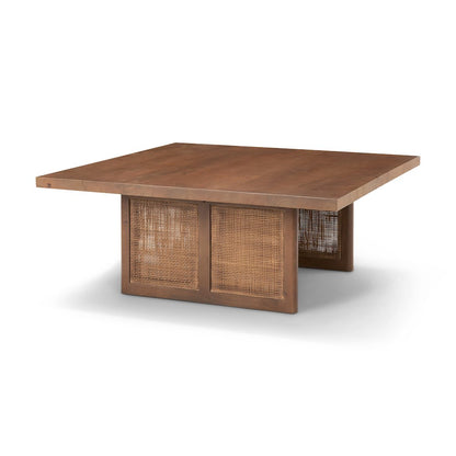 42" Square Medium Brown Solid Wood Cane Coffee Table
