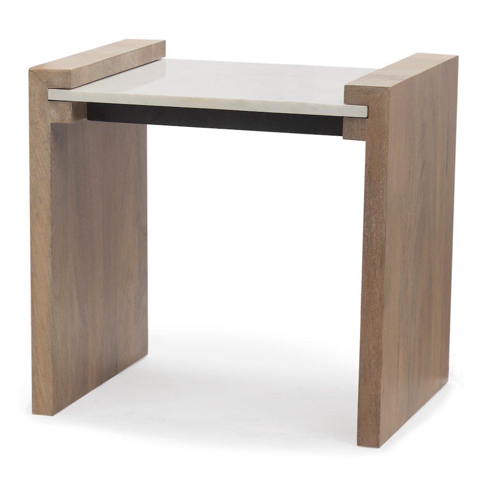 Light Brown Wood White Marble Accent Table