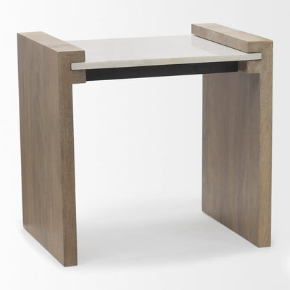 Light Brown Wood White Marble Accent Table
