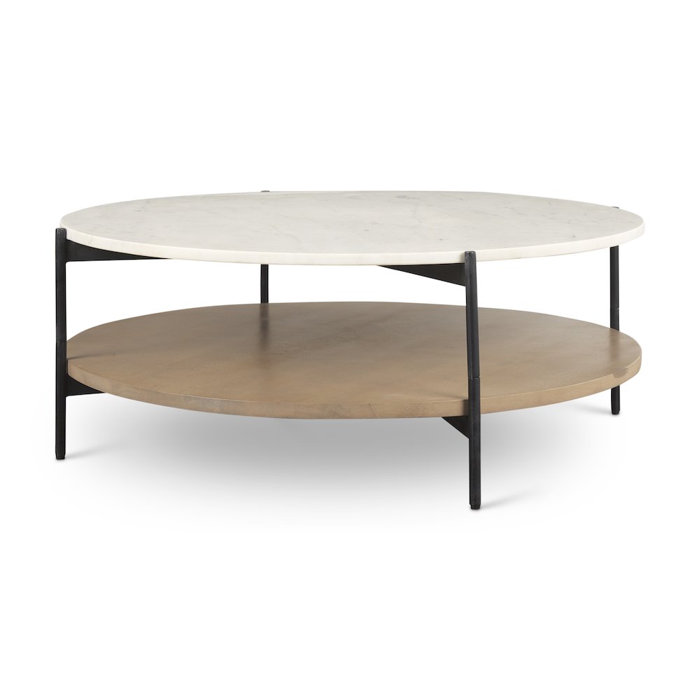 Marble Top Brown Wood Shelf Round Coffee Table