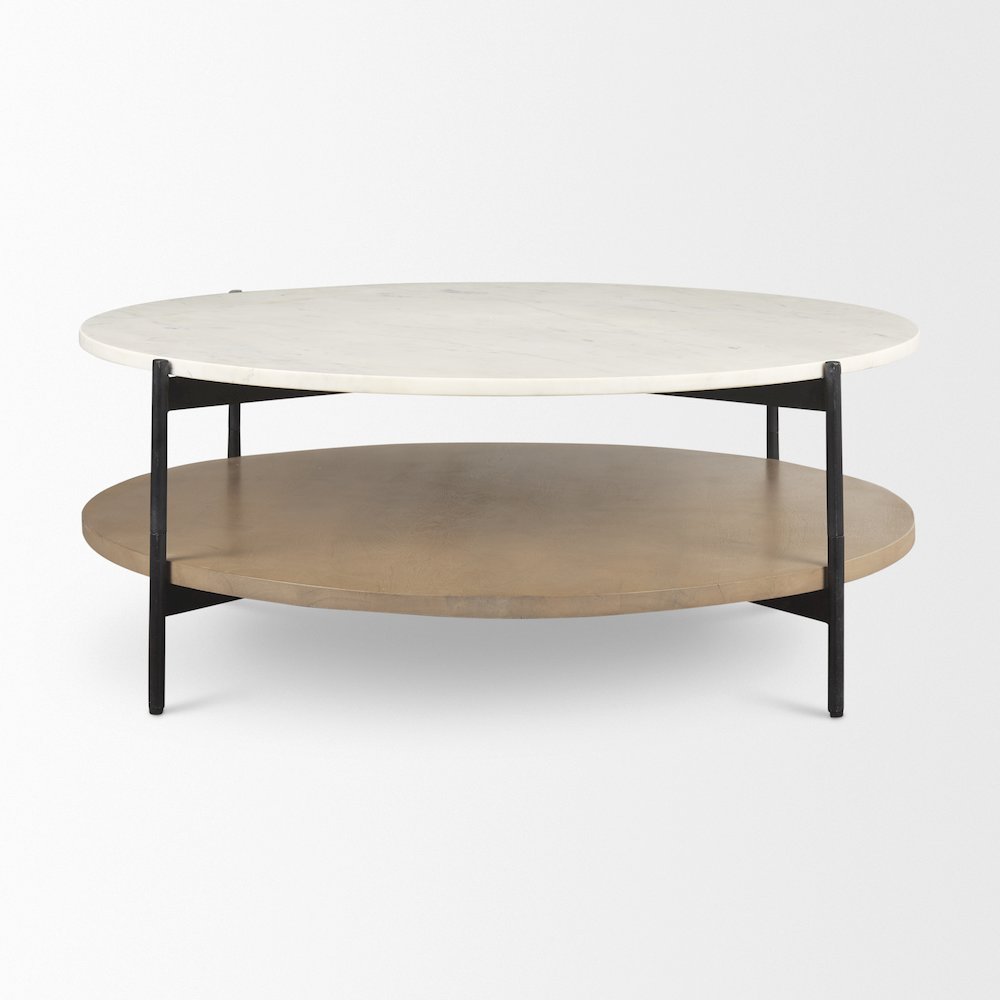 Marble Top Brown Wood Shelf Round Coffee Table