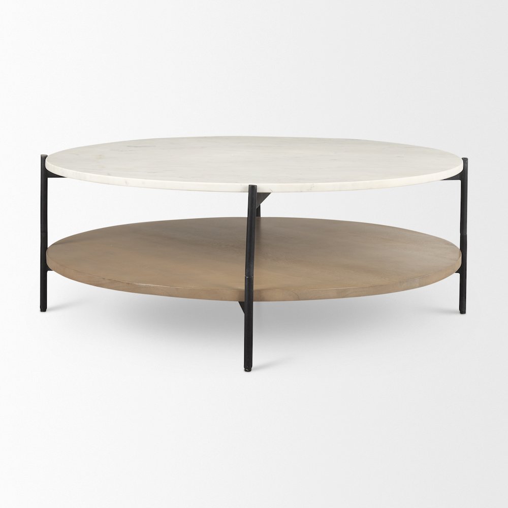 Marble Top Brown Wood Shelf Round Coffee Table