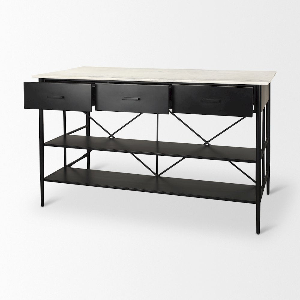 Amika White Marble Top Black Metal Base Kitchen Island