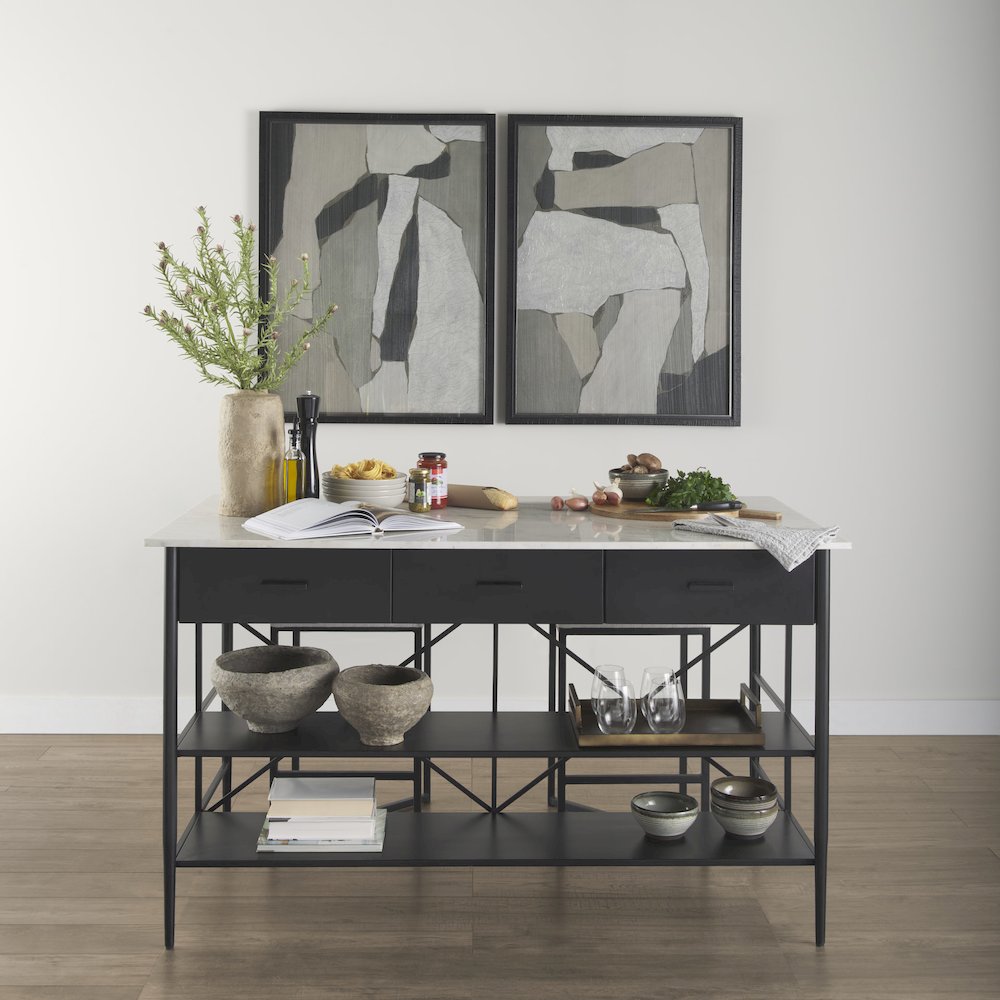 Amika White Marble Top Black Metal Base Kitchen Island