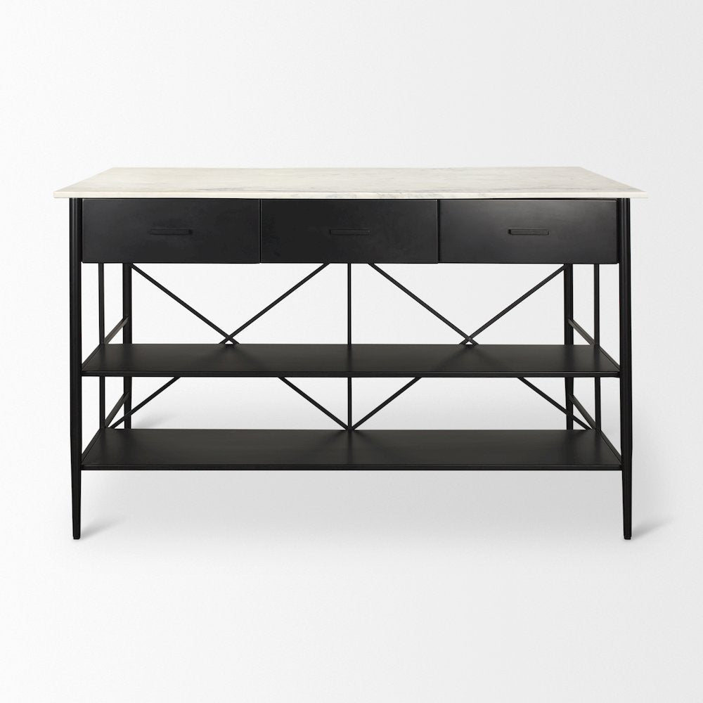 Amika White Marble Top Black Metal Base Kitchen Island