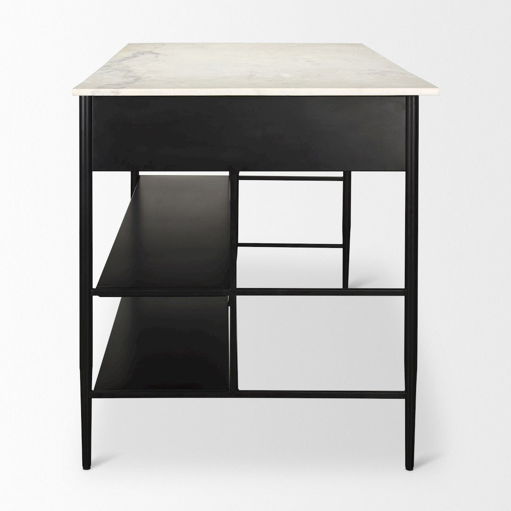 Amika White Marble Top Black Metal Base Kitchen Island