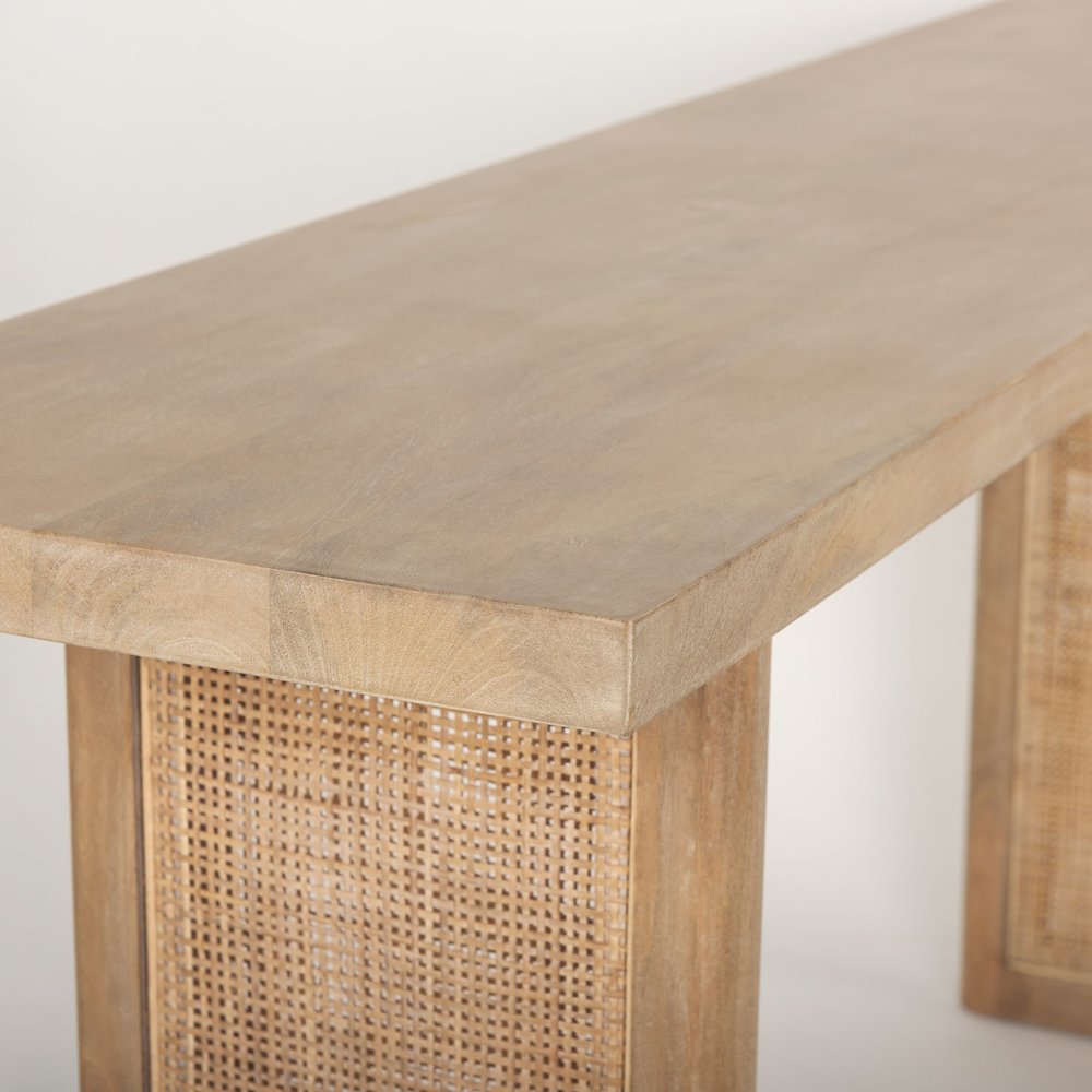 Light Brown Solid Wood Cane Accent Console Table