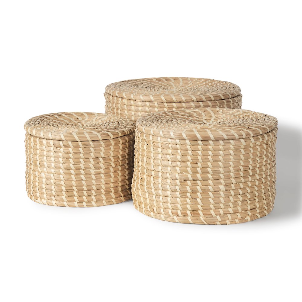 Set Of 3 Nesting Seagrass & Palm Leaf Boxes With Lids