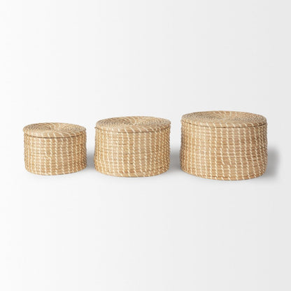 Set Of 3 Nesting Seagrass & Palm Leaf Boxes With Lids