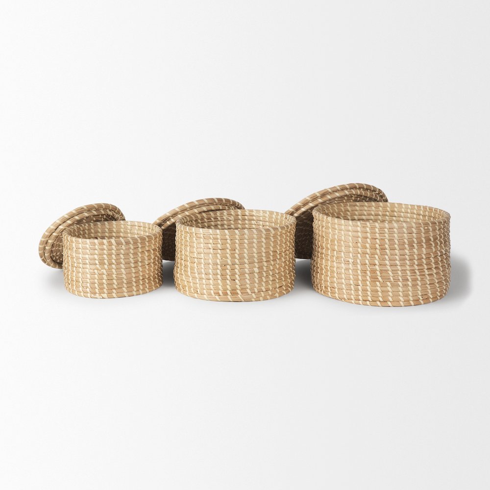 Set Of 3 Nesting Seagrass & Palm Leaf Boxes With Lids