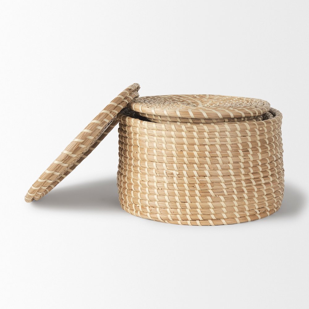 Set Of 3 Nesting Seagrass & Palm Leaf Boxes With Lids