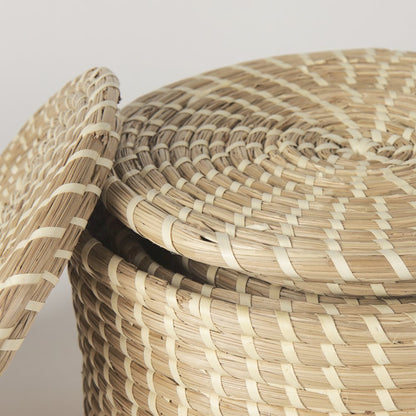 Set Of 3 Nesting Seagrass & Palm Leaf Boxes With Lids