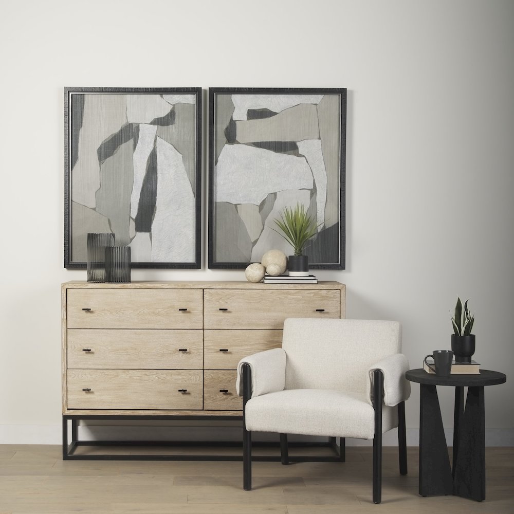 Ciara 6 Drawer Beige Fir Veneer Black Metal Sideboard
