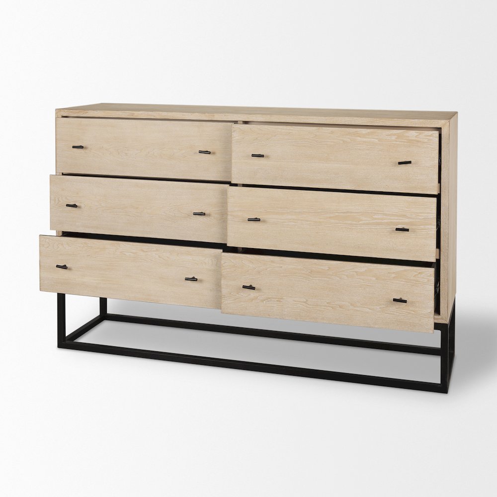 Ciara 6 Drawer Beige Fir Veneer Black Metal Sideboard