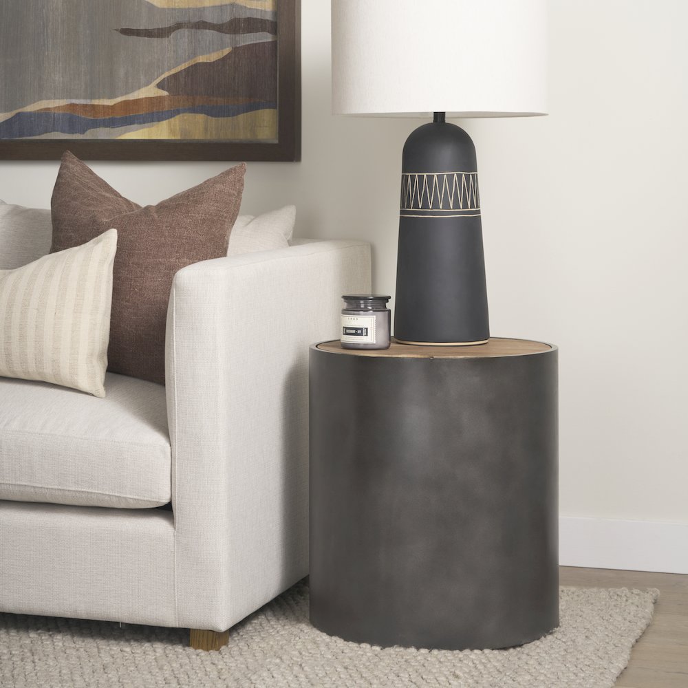 Eclipse Gunmetal Gray Drum Base Brown Wood Top End/Side Table