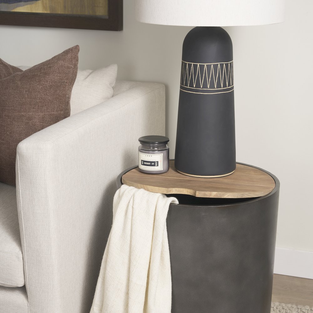 Eclipse Gunmetal Gray Drum Base Brown Wood Top End/Side Table