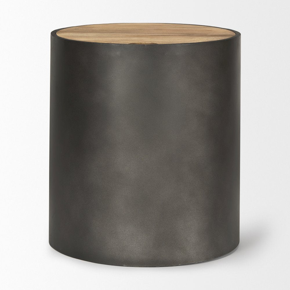 Eclipse Gunmetal Gray Drum Base Brown Wood Top End/Side Table