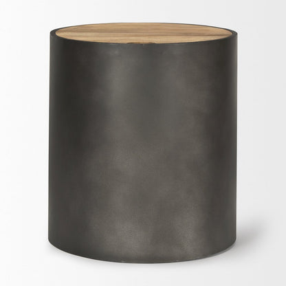 Eclipse Gunmetal Gray Drum Base Brown Wood Top End/Side Table