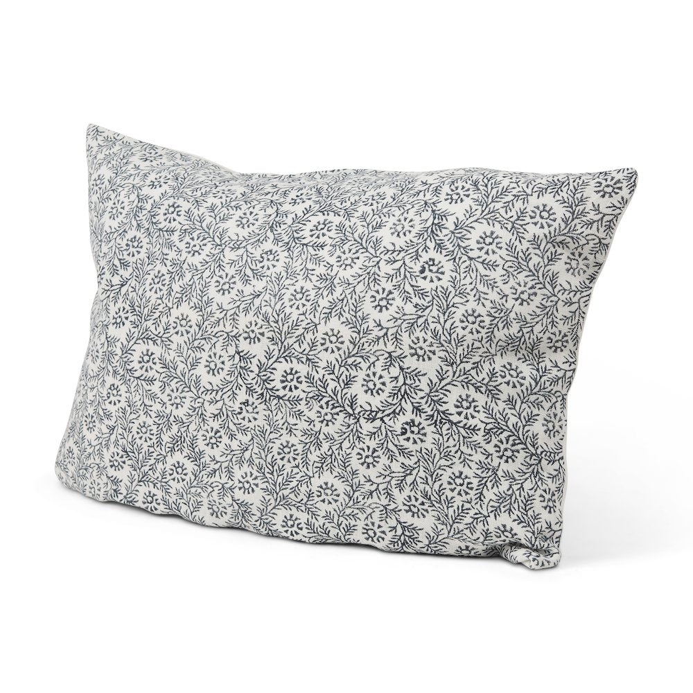 Cream Indigo Print Linen Lumbar Decorative Pillow Cover