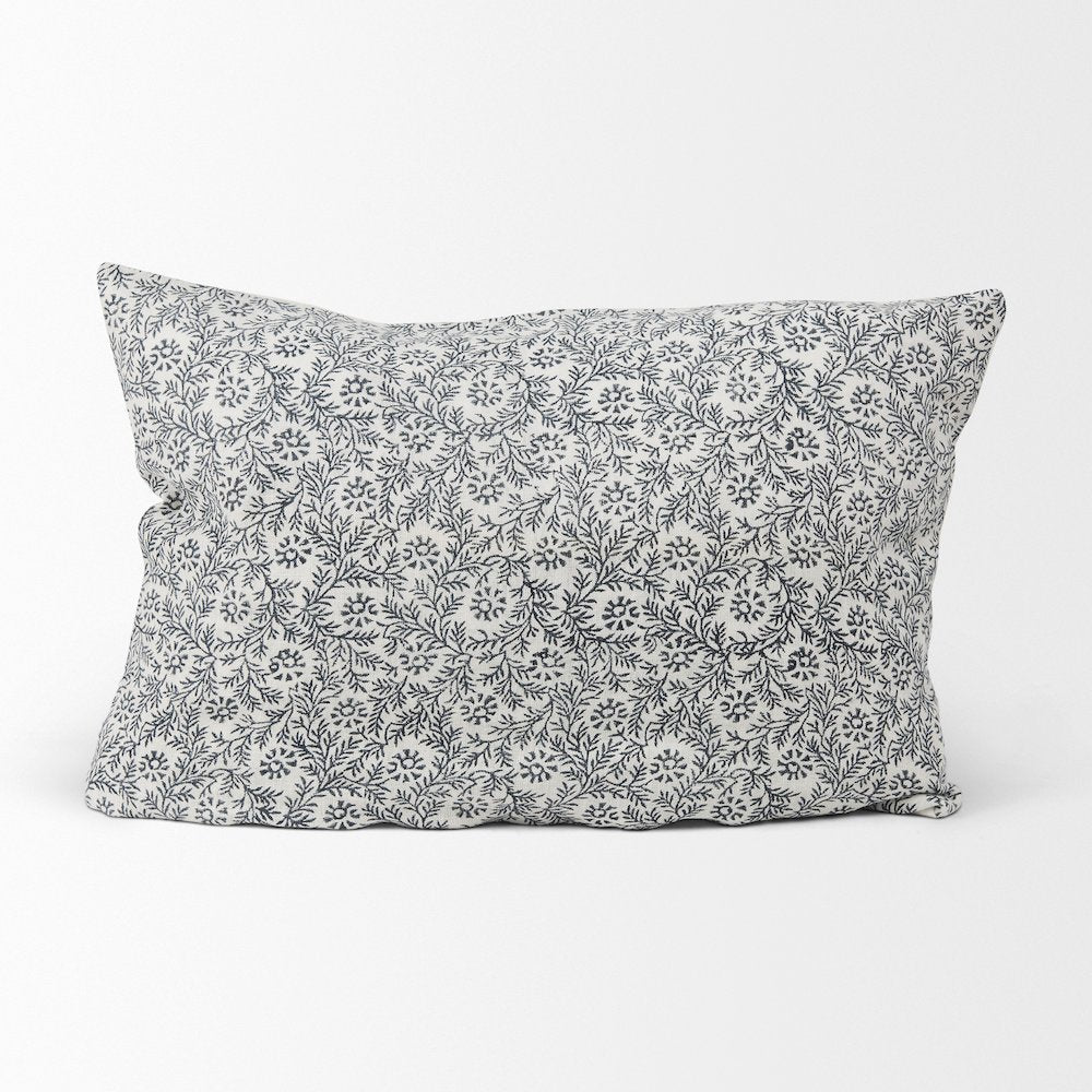 Cream Indigo Print Linen Lumbar Decorative Pillow Cover