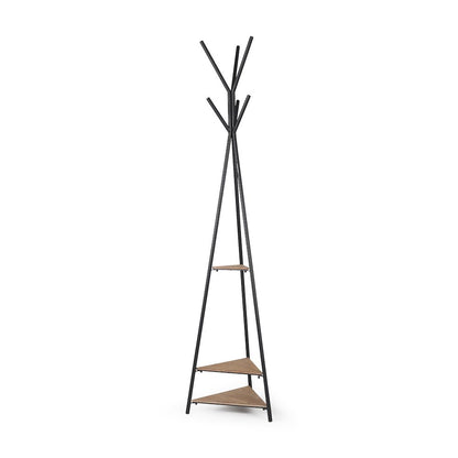 Matte Black Metal Two Wood Shelves Coat Rack