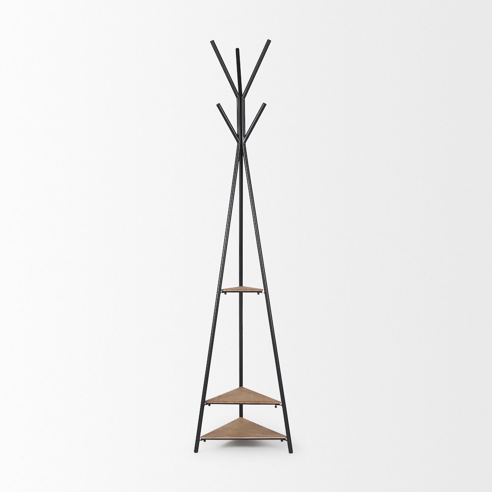 Matte Black Metal Two Wood Shelves Coat Rack