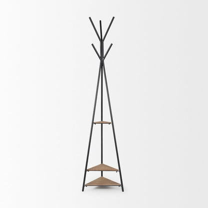 Matte Black Metal Two Wood Shelves Coat Rack