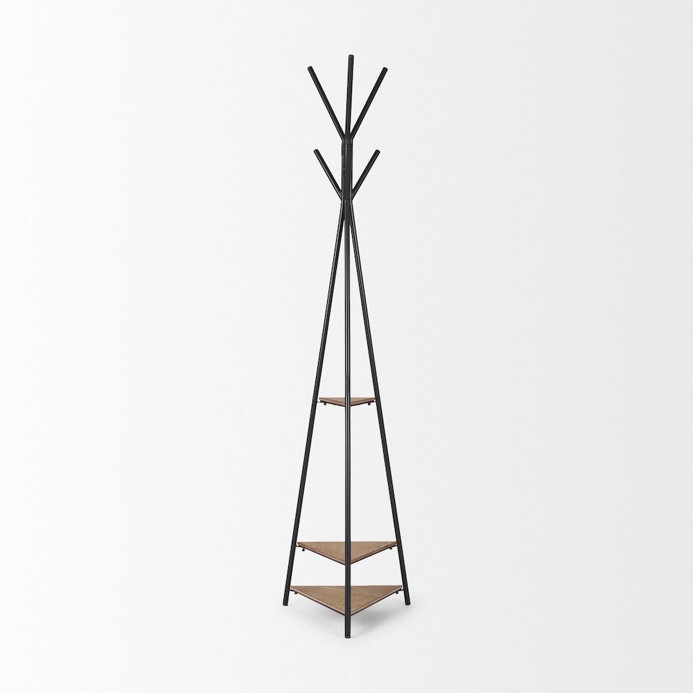 Matte Black Metal Two Wood Shelves Coat Rack
