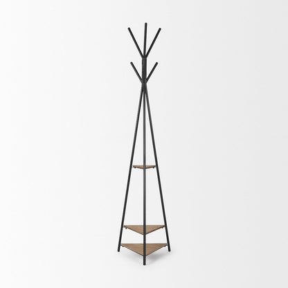 Matte Black Metal Two Wood Shelves Coat Rack