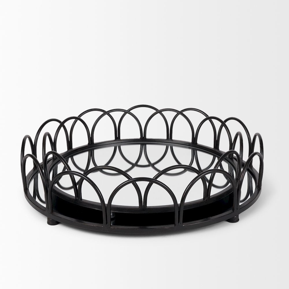 Lenore Round Metal/Mirror Tray Black (Set of 2)