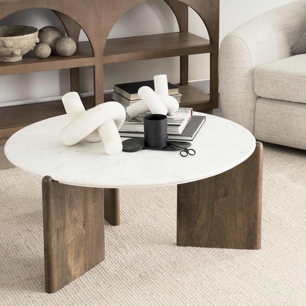 Dark Brown Wood White Marble Coffee Table