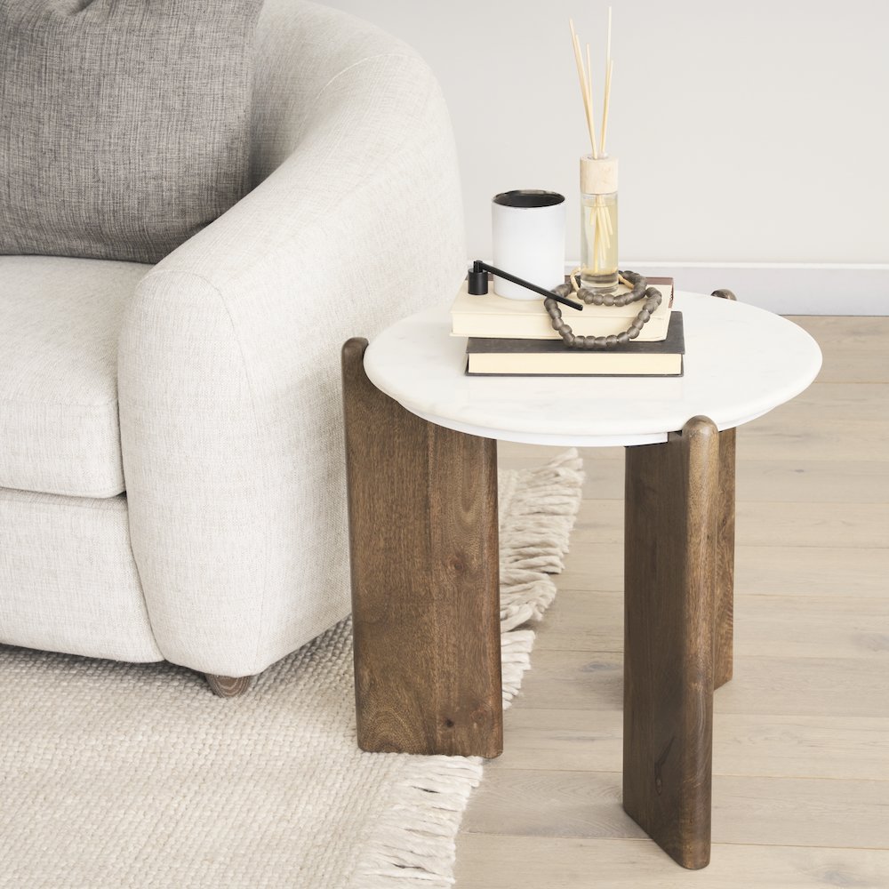 Rumer Dark Brown Wood White Marble Side Table