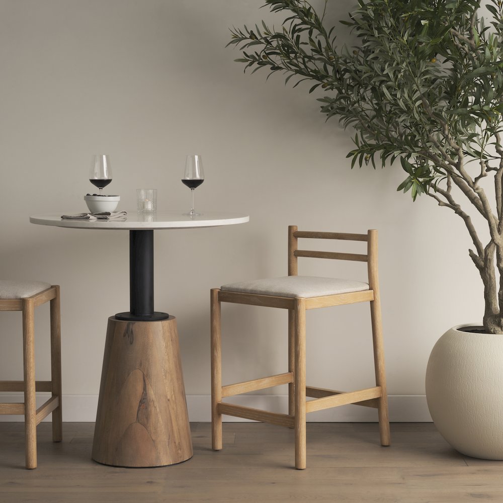Counter Stool Light Brown Wood Frame And Beige Upholstered Seat