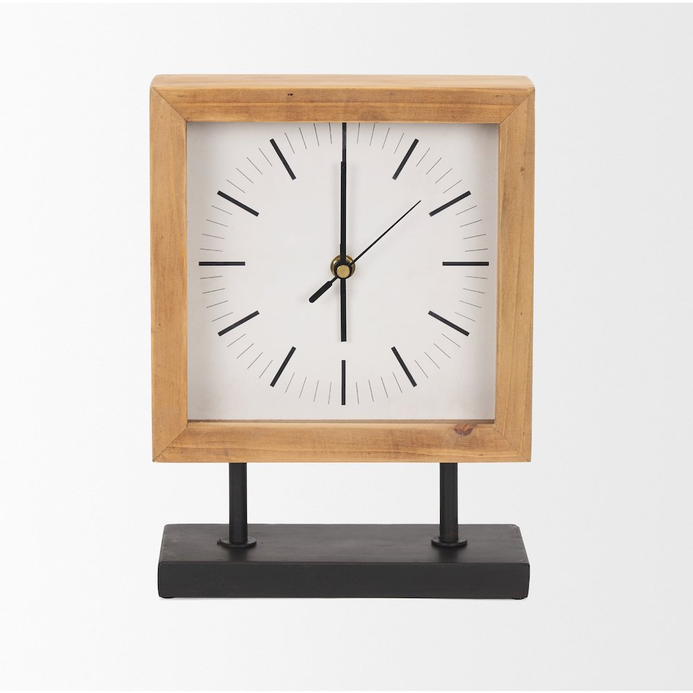 Renaya Light Brown Wood Matte Black Metal Base Table Clock