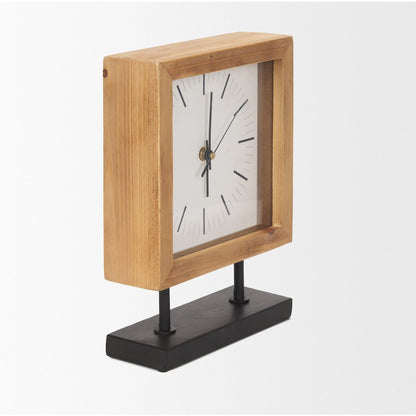 Renaya Light Brown Wood Matte Black Metal Base Table Clock