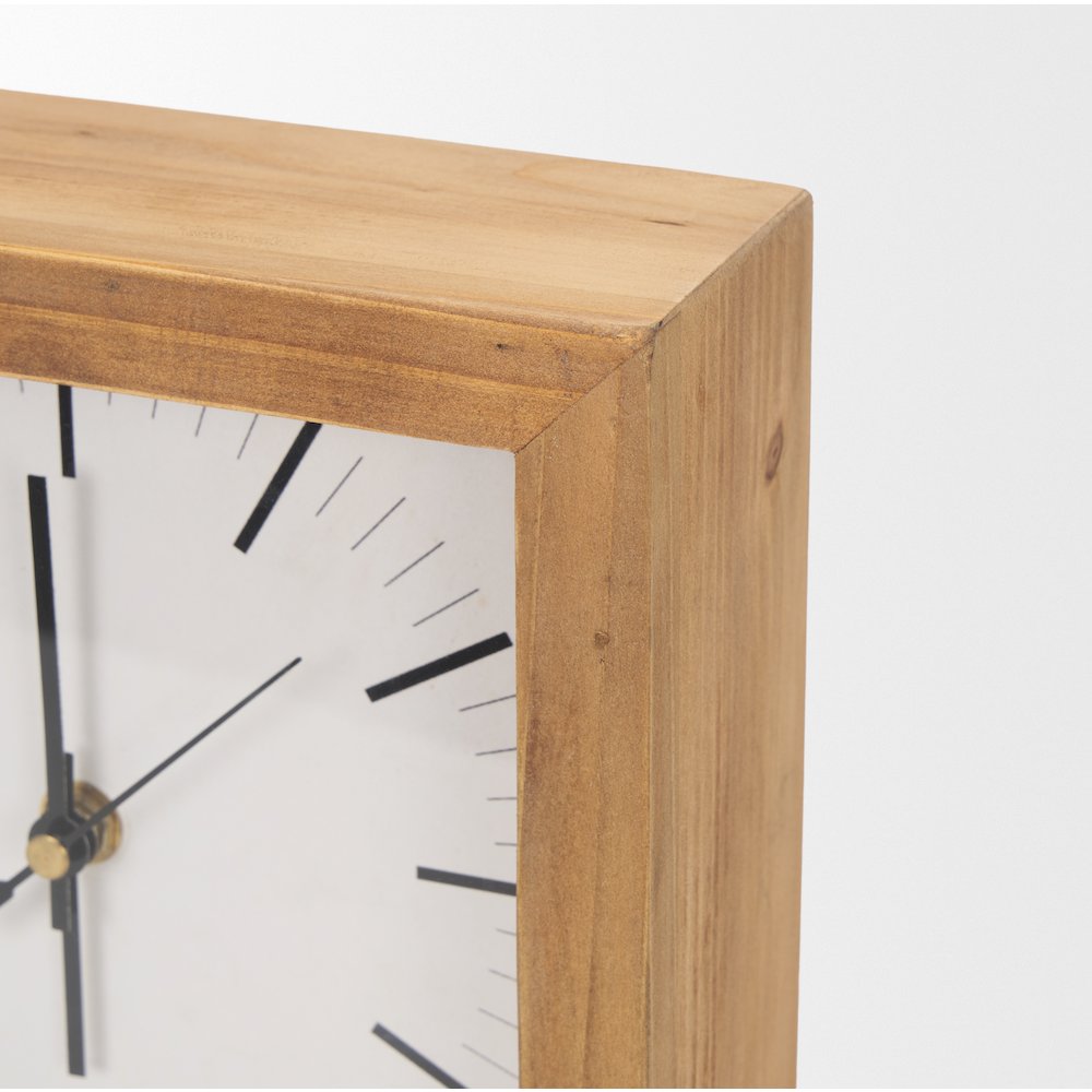 Renaya Light Brown Wood Matte Black Metal Base Table Clock