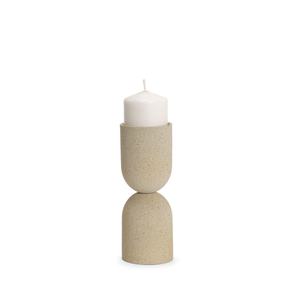 Qamra Short Beige Textured Metal Pillar Candle Holder