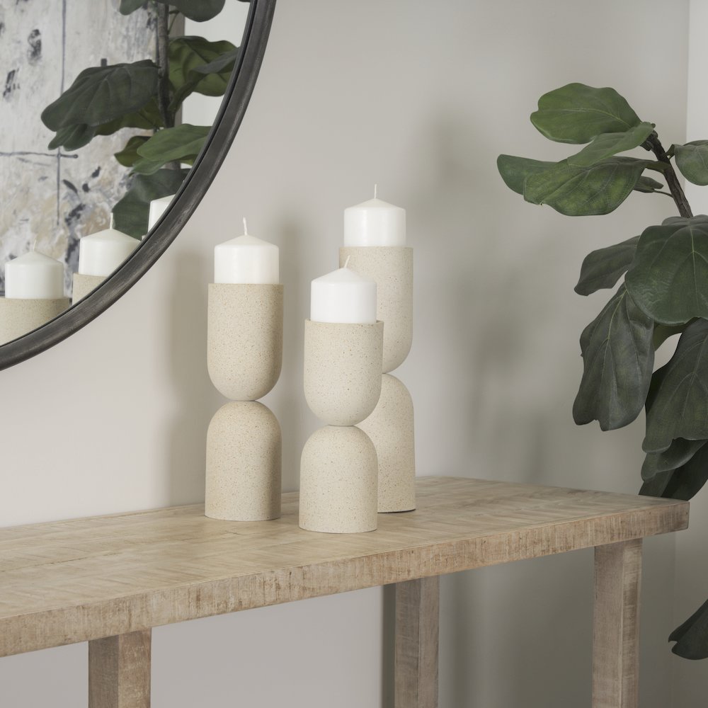 Qamra Short Beige Textured Metal Pillar Candle Holder