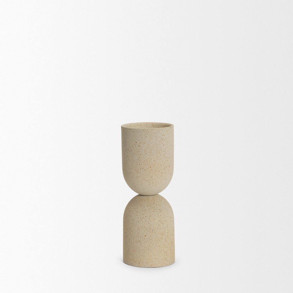 Qamra Short Beige Textured Metal Pillar Candle Holder