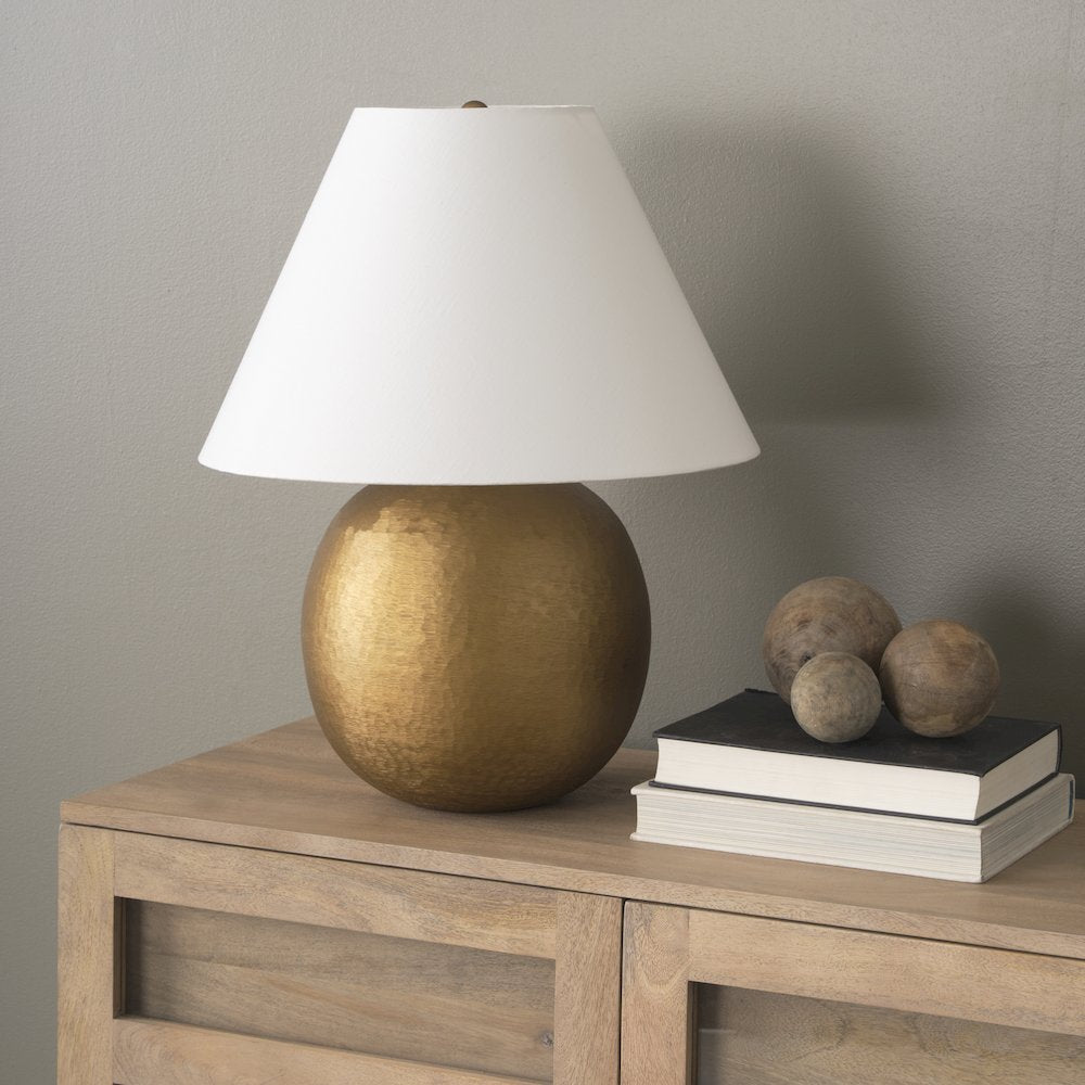 Sadiyah Antiqued Gold Brushed Metal Cream Shade Table Lamp
