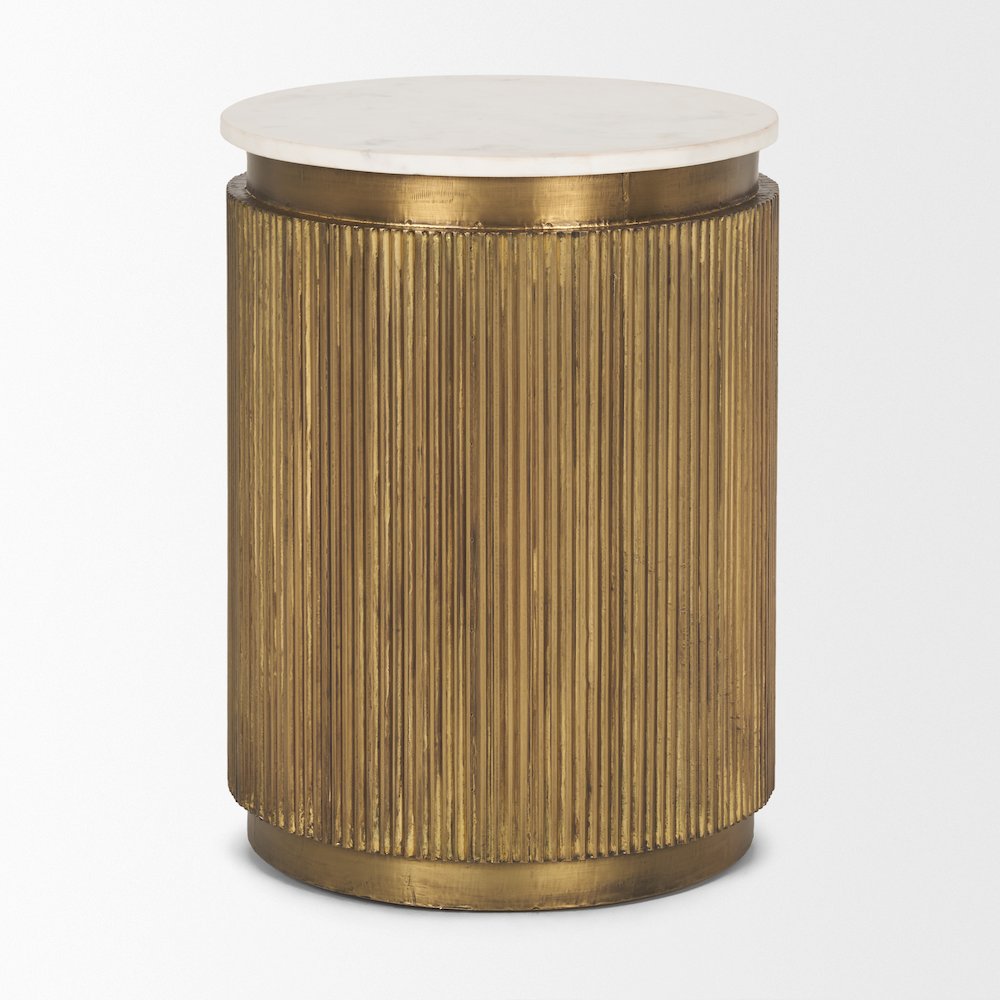 White Marble Gold Metal Round Fluted Accent Table
