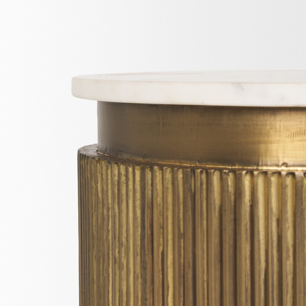 White Marble Gold Metal Round Fluted Accent Table