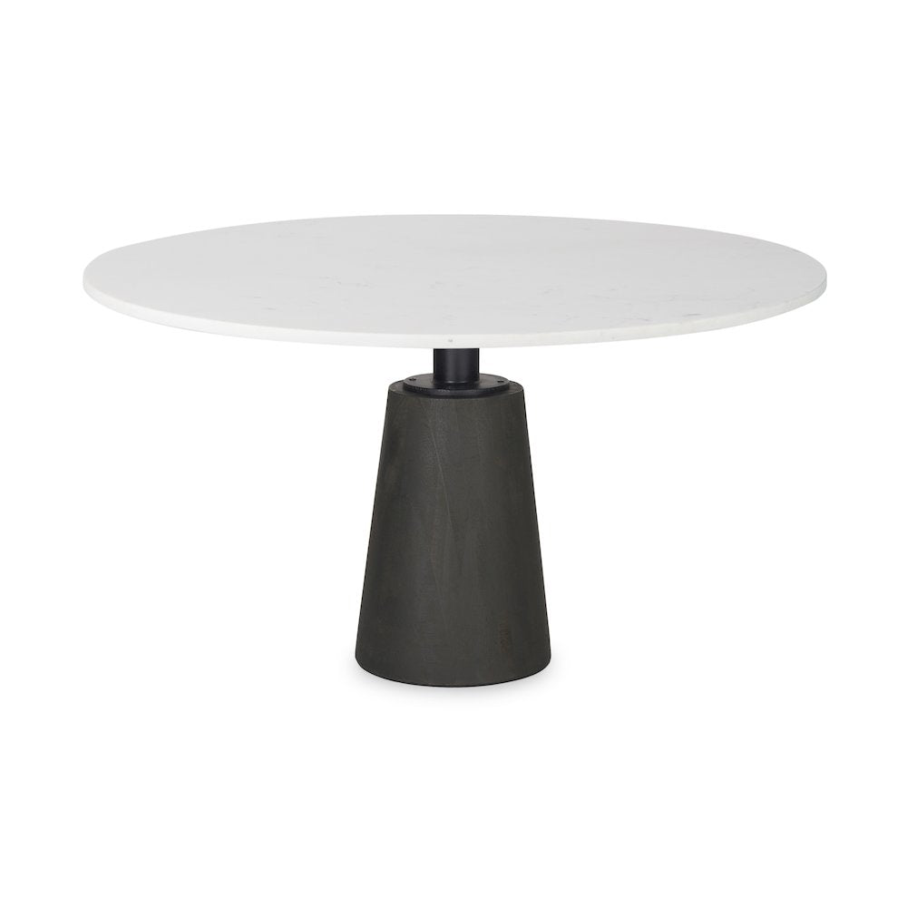 Maxwell Round White Marble Top Black Metal and Wood Pedestal Base Dining Table