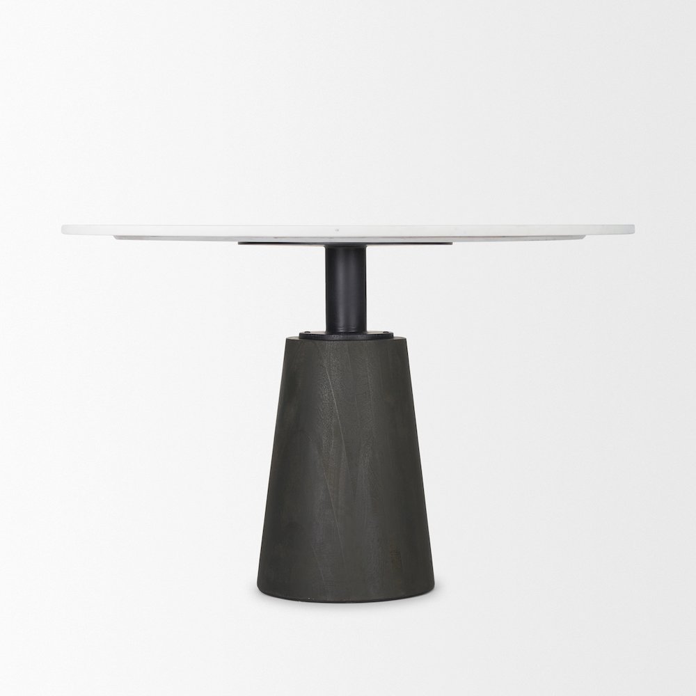Maxwell Round White Marble Top Black Metal and Wood Pedestal Base Dining Table