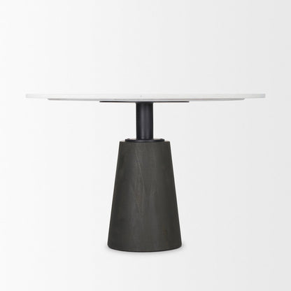 Maxwell Round White Marble Top Black Metal and Wood Pedestal Base Dining Table